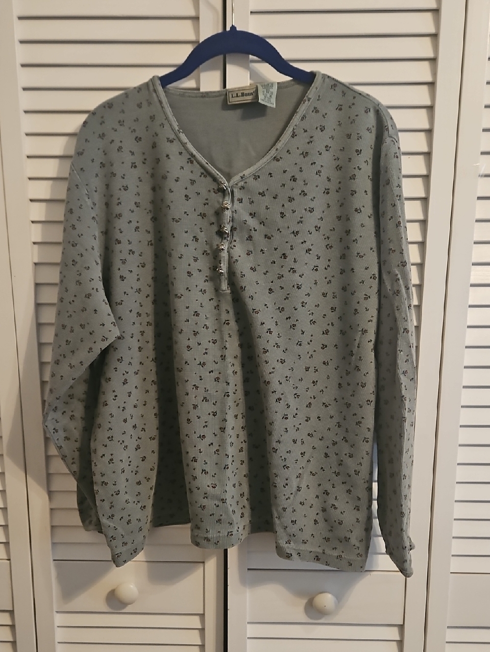 L.L. Bean Sage Green Henley with Tiny Dark Floral Print